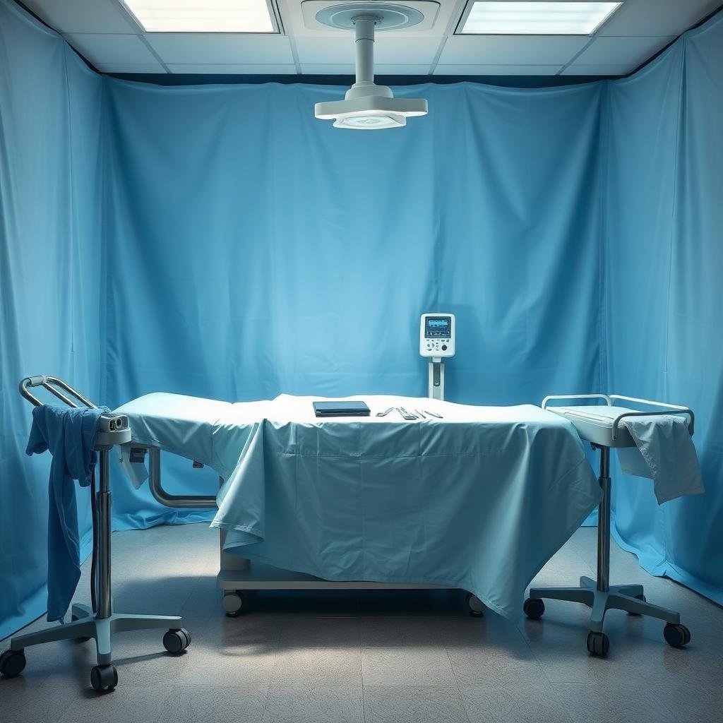 Operating theatre table draped with sterile blue disposable surgical drapes